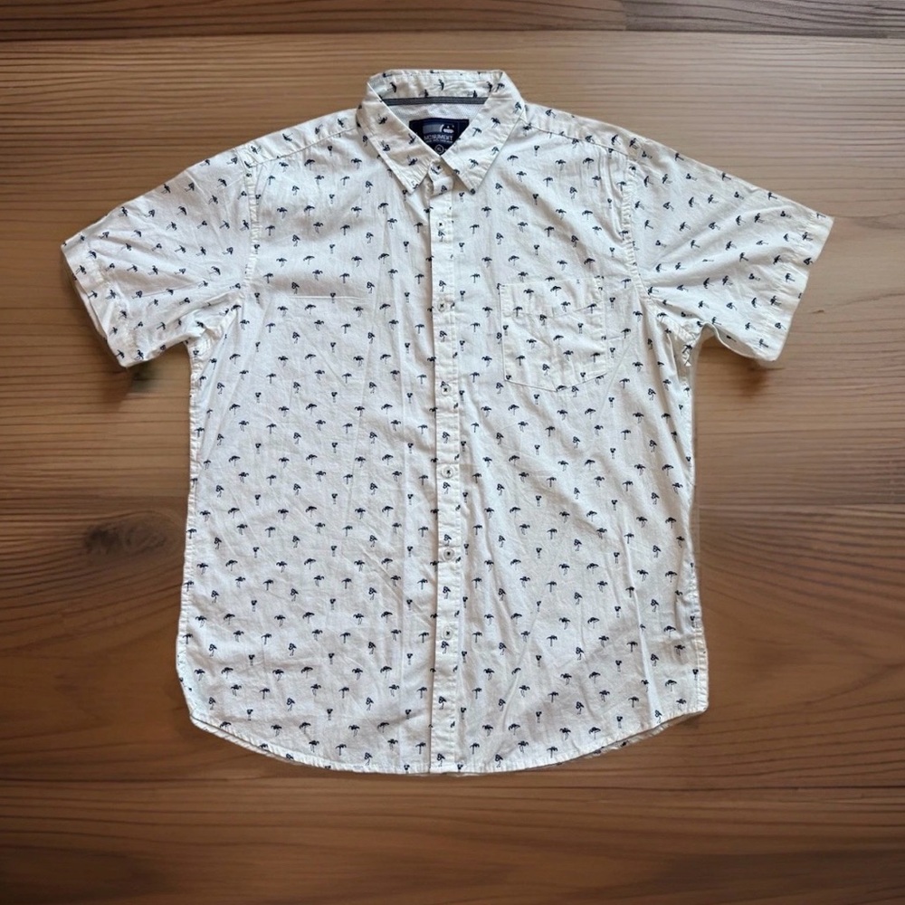Monument Men's XL Shirt White Flamingo Print Short Sleeve 100% Cotton Button Up